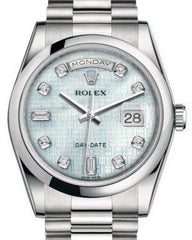 Rolex Day-Date 36 Platinum Platinum Mother of Pearl with Oxford Motif Diamond Dial & Smooth Domed Bezel President Bracelet 118206