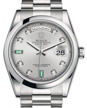 Rolex Day-Date 36 Platinum Rhodium Diamond & Emeralds Dial & Smooth Domed Bezel President Bracelet 118206