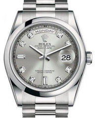 Rolex Day-Date 36 Platinum Silver Diamond Dial & Smooth Domed Bezel President Bracelet 118206