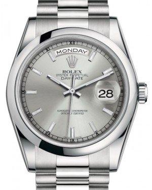 Rolex Day-Date 36 Platinum Silver Index Dial & Smooth Domed Bezel President Bracelet 118206