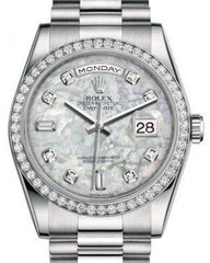 Rolex Day-Date 36 Platinum White Mother of Pearl Diamond Dial & Diamond Bezel President Bracelet 118346