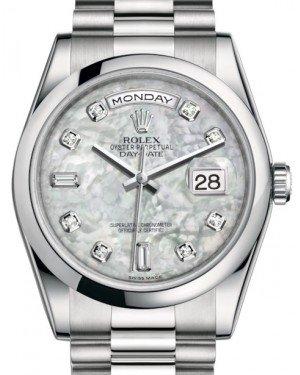 Rolex Day-Date 36 Platinum White Mother of Pearl Diamond Dial & Smooth Domed Bezel President Bracelet 118206