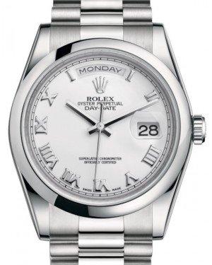 Rolex Day-Date 36 Platinum White Roman Dial & Smooth Domed Bezel President Bracelet 118206