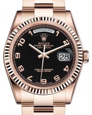 Rolex Day-Date 36 Rose Gold Black Arabic Dial & Fluted Bezel Oyster Bracelet 118235