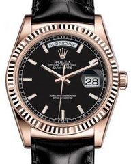 Rolex Day-Date 36 Rose Gold Black Index Dial & Fluted Bezel Black Leather Strap 118135