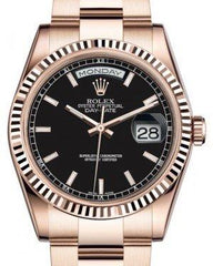 Rolex Day-Date 36 Rose Gold Black Index Dial & Fluted Bezel Oyster Bracelet 118235