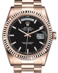 Rolex Day-Date 36 Rose Gold Black Index Dial & Fluted Bezel President Bracelet 118235
