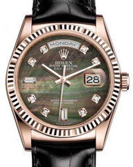 Rolex Day-Date 36 Rose Gold Black Mother of Pearl Diamond Dial & Fluted Bezel Black Leather Strap 118135