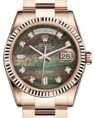 Rolex Day-Date 36 Rose Gold Black Mother of Pearl Diamond Dial & Fluted Bezel Oyster Bracelet 118235