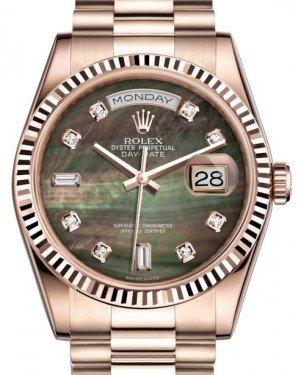 Rolex Day-Date 36 Rose Gold Black Mother of Pearl Diamond Dial & Fluted Bezel President Bracelet 118235