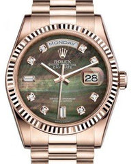 Rolex Day-Date 36 Rose Gold Black Mother of Pearl Diamond Dial & Fluted Bezel President Bracelet 118235