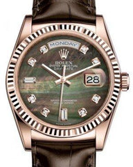 Rolex Day-Date 36 Rose Gold Black Mother of Pearl Diamond Dial & Fluted Bezel Tobacco Leather Strap 118135
