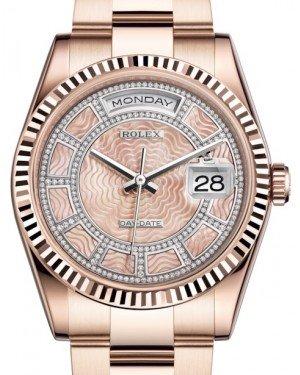 Rolex Day-Date 36 Rose Gold Carousel of Pink Mother of Pearl Diamond Dial & Fluted Bezel Oyster Bracelet 118235
