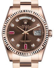 Rolex Day-Date 36 Rose Gold Chocolate Diamond & Rubies Dial & Fluted Bezel Oyster Bracelet 118235