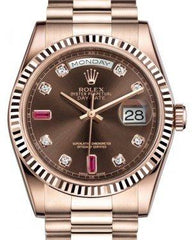 Rolex Day-Date 36 Rose Gold Chocolate Diamond & Rubies Dial & Fluted Bezel President Bracelet 118235
