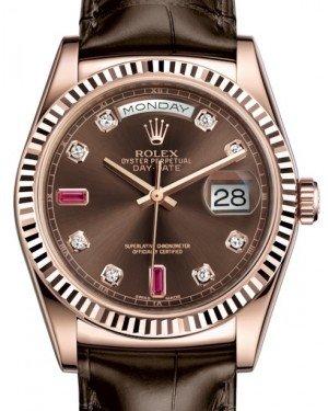 Rolex Day-Date 36 Rose Gold Chocolate Diamond & Rubies Dial & Fluted Bezel Tobacco Leather Strap 118135