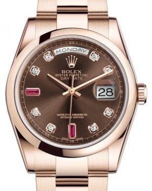 Rolex Day-Date 36 Rose Gold Chocolate Diamond & Rubies Dial & Smooth Domed Bezel Oyster Bracelet 118205