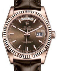 Rolex Day-Date 36 Rose Gold Chocolate Index Dial & Fluted Bezel Tobacco Leather Strap 118135