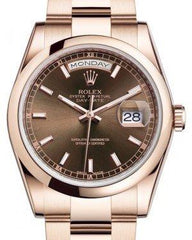 Rolex Day-Date 36 Rose Gold Chocolate Index Dial & Smooth Domed Bezel Oyster Bracelet 118205