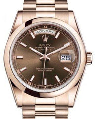 Rolex Day-Date 36 Rose Gold Chocolate Index Dial & Smooth Domed Bezel President Bracelet 118205