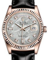 Rolex Day-Date 36 Rose Gold Meteorite Diamond Dial & Fluted Bezel Black Leather Strap 118135