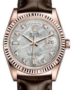 Rolex Day-Date 36 Rose Gold Meteorite Diamond Dial & Fluted Bezel Tobacco Leather Strap 118135