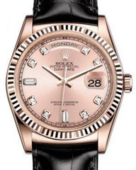 Rolex Day-Date 36 Rose Gold Pink Diamond Dial & Fluted Bezel Black Leather Strap 118135