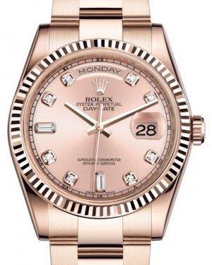 Rolex Day-Date 36 Rose Gold Pink Diamond Dial & Fluted Bezel Oyster Bracelet 118235