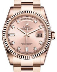Rolex Day-Date 36 Rose Gold Pink Diamond Dial & Fluted Bezel Oyster Bracelet 118235