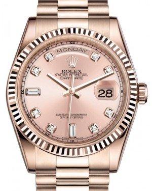 Rolex Day-Date 36 Rose Gold Pink Diamond Dial & Fluted Bezel President Bracelet 118235