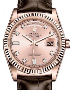 Rolex Day-Date 36 Rose Gold Pink Diamond Dial & Fluted Bezel Tobacco Leather Strap 118135