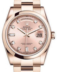 Rolex Day-Date 36 Rose Gold Pink Diamond Dial & Smooth Domed Bezel Oyster Bracelet 118205