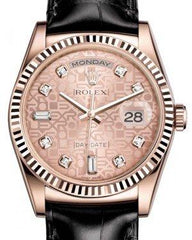 Rolex Day-Date 36 Rose Gold Pink Jubilee Diamond Dial & Fluted Bezel Black Leather Strap 118135