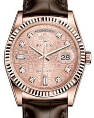 Rolex Day-Date 36 Rose Gold Pink Jubilee Diamond Dial & Fluted Bezel Tobacco Leather Strap 118135