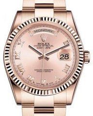 Rolex Day-Date 36 Rose Gold Pink Roman Dial & Fluted Bezel Oyster Bracelet 118235