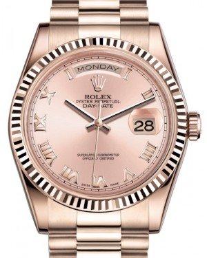 Rolex Day-Date 36 Rose Gold Pink Roman Dial & Fluted Bezel President Bracelet 118235