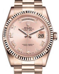 Rolex Day-Date 36 Rose Gold Pink Roman Dial & Fluted Bezel President Bracelet 118235