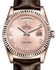 Rolex Day-Date 36 Rose Gold Pink Roman Dial & Fluted Bezel Tobacco Leather Strap 118135