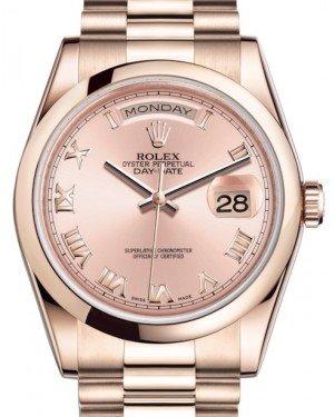 Rolex Day-Date 36 Rose Gold Pink Roman Dial & Smooth Domed Bezel President Bracelet 118205