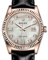 Rolex Day-Date 36 Rose Gold White Mother of Pearl with Oxford Motif Diamond Dial & Fluted Bezel Black Leather Strap 118135