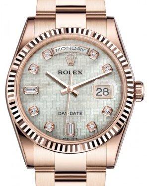 Rolex Day-Date 36 Rose Gold White Mother of Pearl with Oxford Motif Diamond Dial & Fluted Bezel Oyster Bracelet 118235