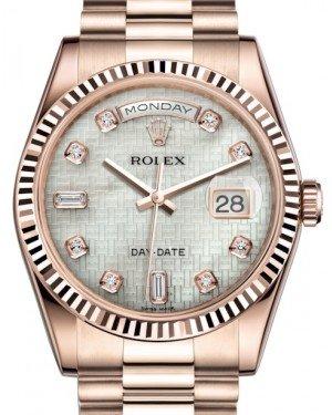 Rolex Day-Date 36 Rose Gold White Mother of Pearl with Oxford Motif Diamond Dial & Fluted Bezel President Bracelet 118235