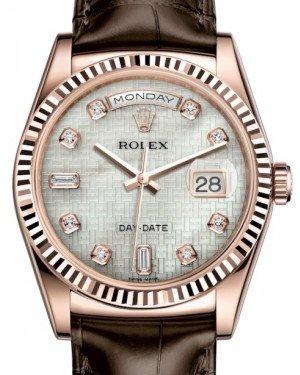 Rolex Day-Date 36 Rose Gold White Mother of Pearl with Oxford Motif Diamond Dial & Fluted Bezel Tobacco Leather Strap 118135