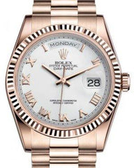 Rolex Day-Date 36 Rose Gold White Roman Dial & Fluted Bezel President Bracelet 118235