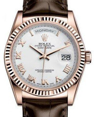 Rolex Day-Date 36 Rose Gold White Roman Dial & Fluted Bezel Tobacco Leather Strap 118135