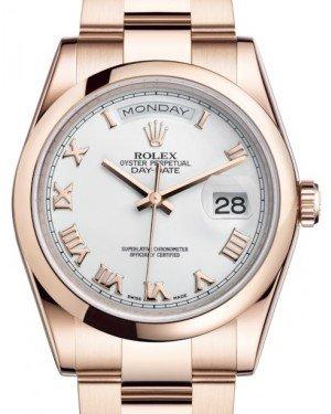 Rolex Day-Date 36 Rose Gold White Roman Dial & Smooth Domed Bezel Oyster Bracelet 118205
