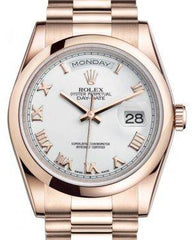 Rolex Day-Date 36 Rose Gold White Roman Dial & Smooth Domed Bezel President Bracelet 118205