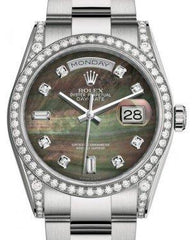Rolex Day-Date 36 White Gold Black Mother of Pearl Diamond Dial & Diamond Set Case & Bezel Oyster Bracelet 118389