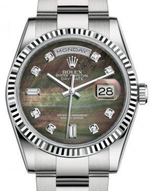 Rolex Day-Date 36 White Gold Black Mother of Pearl Diamond Dial & Fluted Bezel Oyster Bracelet 118239
