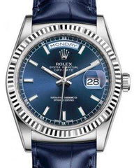 Rolex Day-Date 36 White Gold Blue Index Dial & Fluted Bezel Blue Leather Strap 118139